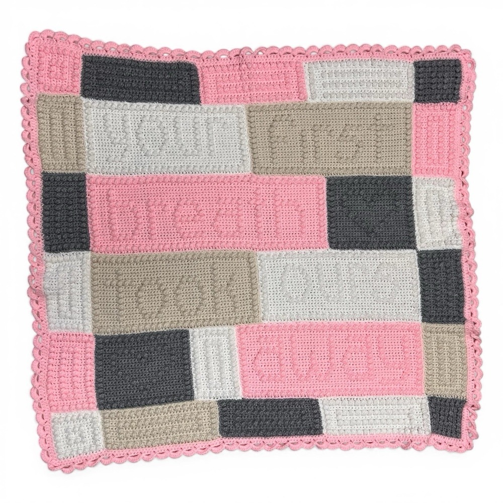 Baby Quilt Crochet "Your First Breath Took Ours Away"  41x42" Pink Gray